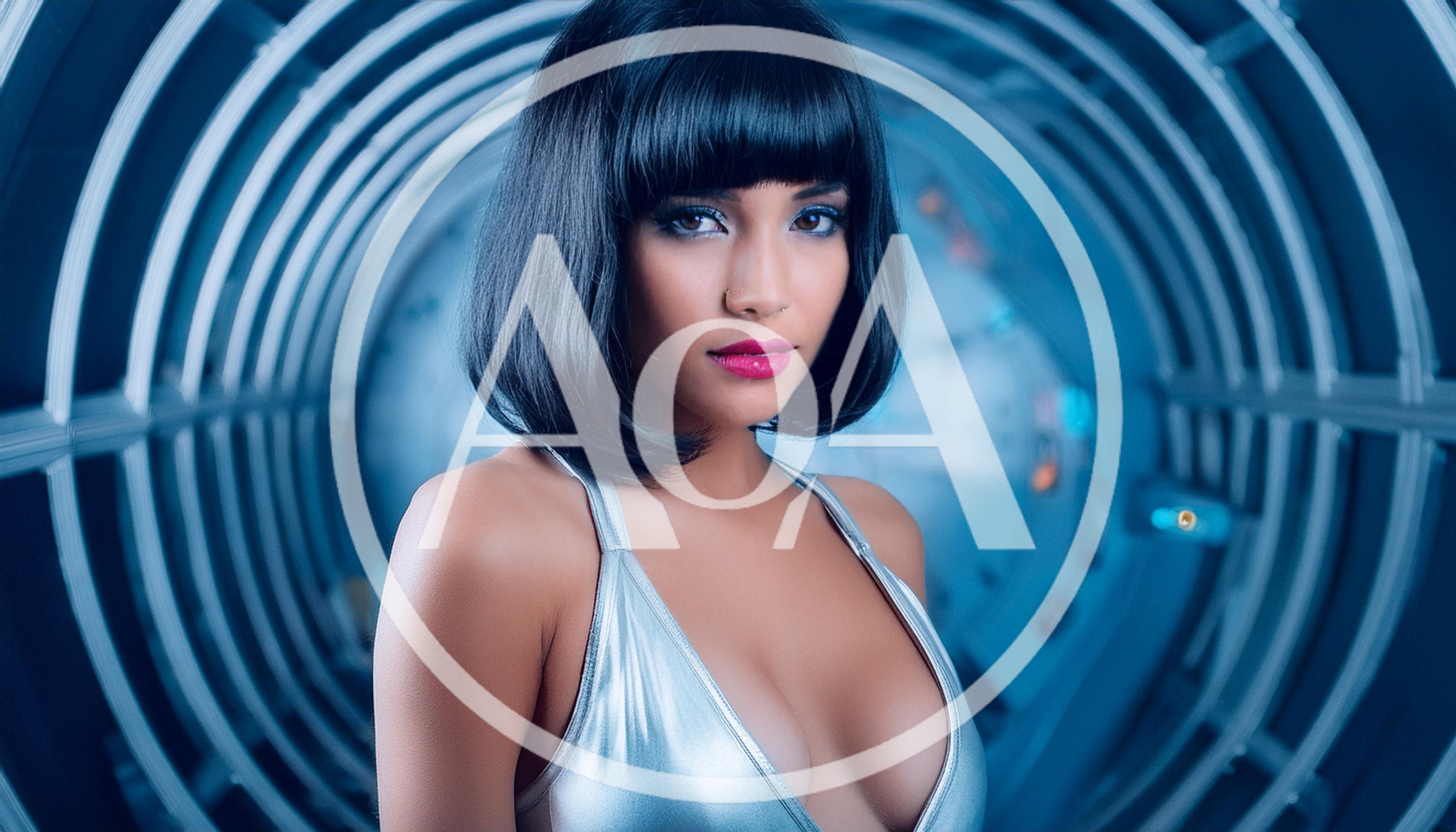 Futuristic Woman With Bob Haircut In Metallic Outfit