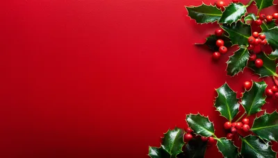 Christmas Holly Berries and Leaves on Red Background