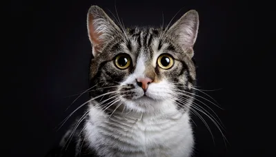 Portrait Of A Tabby Cat Against Black Background