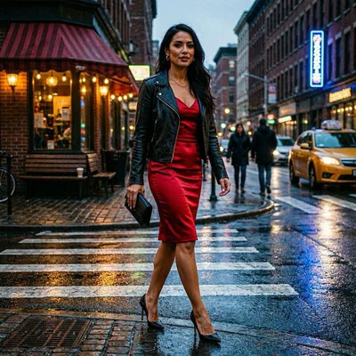 Stylish Woman Walking Across City Street In Red Dress