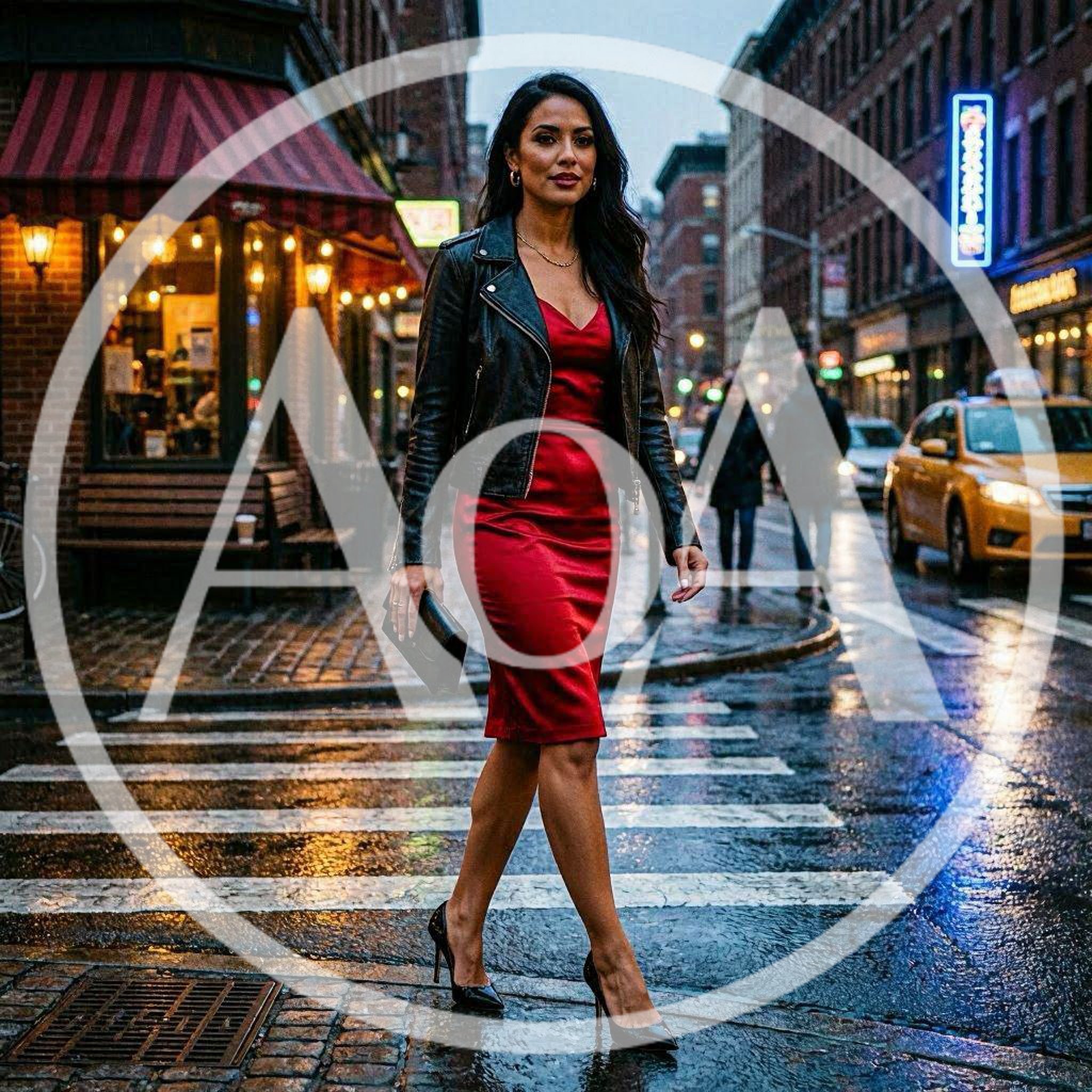 Stylish Woman Walking Across City Street In Red Dress