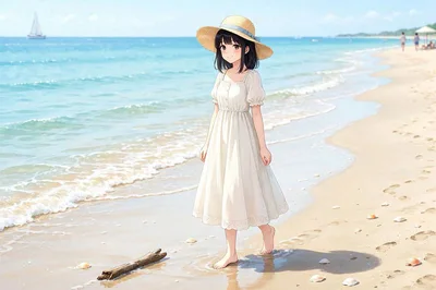 Anime Girl Walking Barefoot Along A Sunny Beach