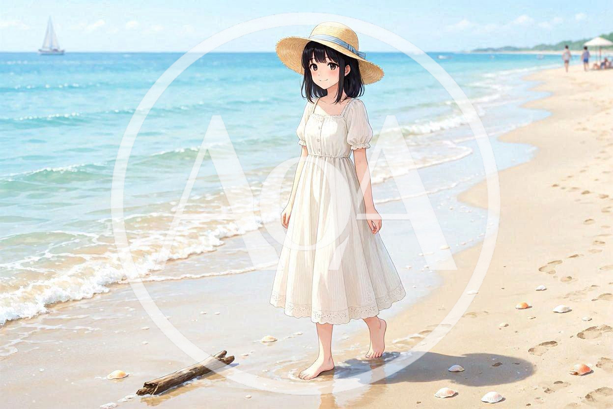 Anime Girl Walking Barefoot Along A Sunny Beach