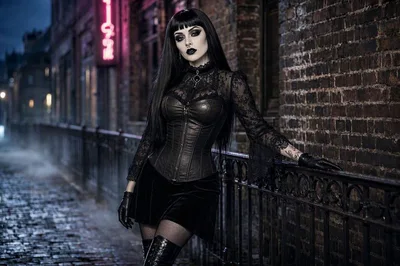 Gothic Woman Posing on a Dark Cobblestone Street