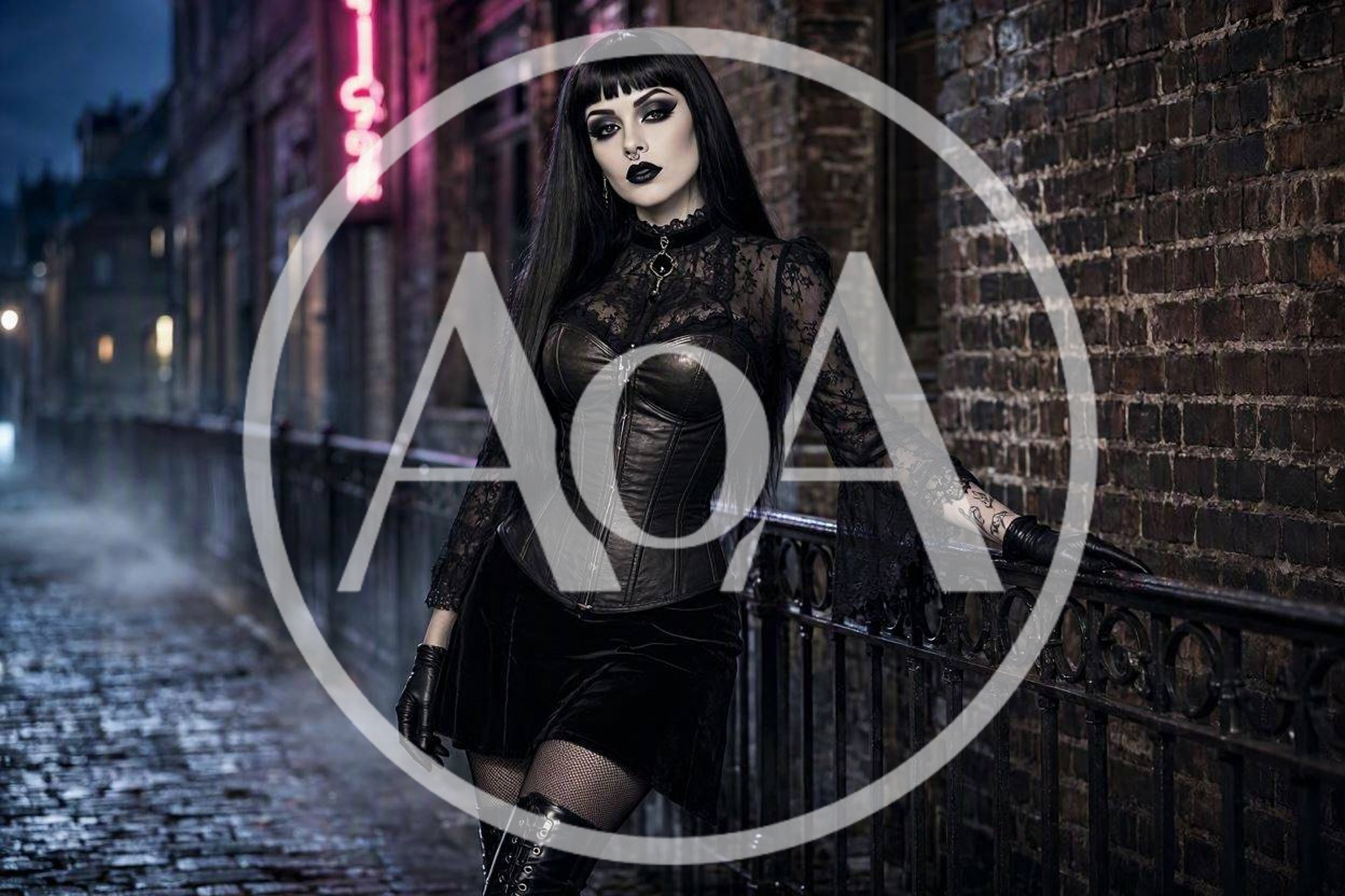 Gothic Woman Posing on a Dark Cobblestone Street