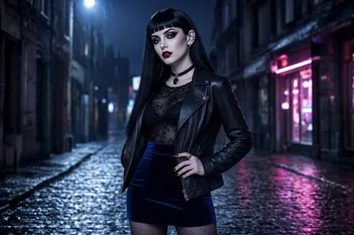 Gothic Woman Standing On A Rainy Cobblestone Street