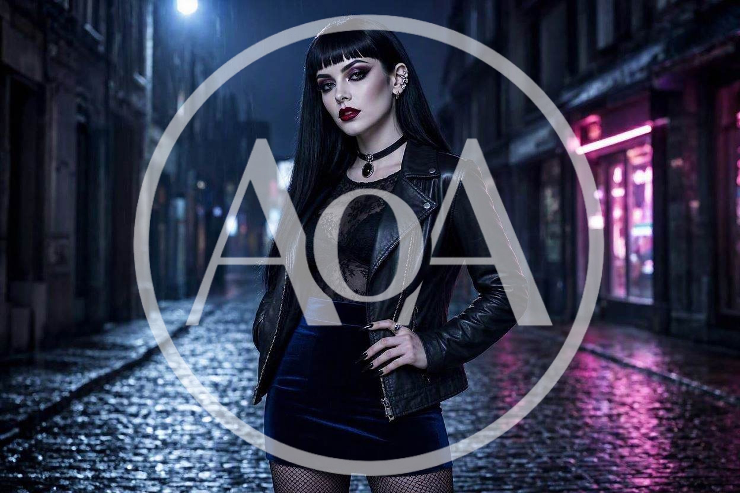 Gothic Woman Standing On A Rainy Cobblestone Street