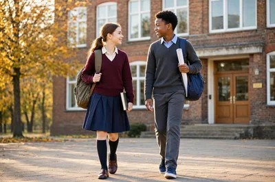 Two Students Walking Together Outside School Building