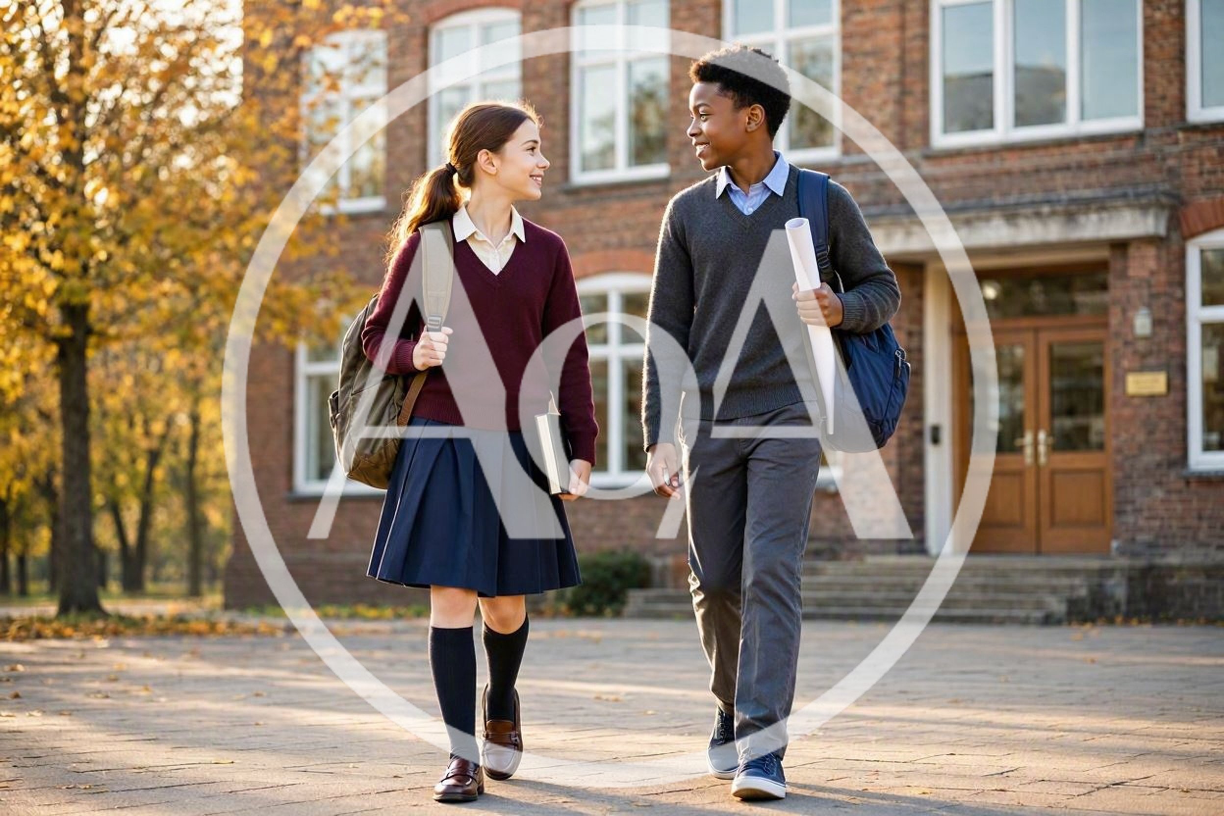 Two Students Walking Together Outside School Building