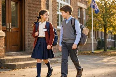 Two School Children Walking Together Outside School Building