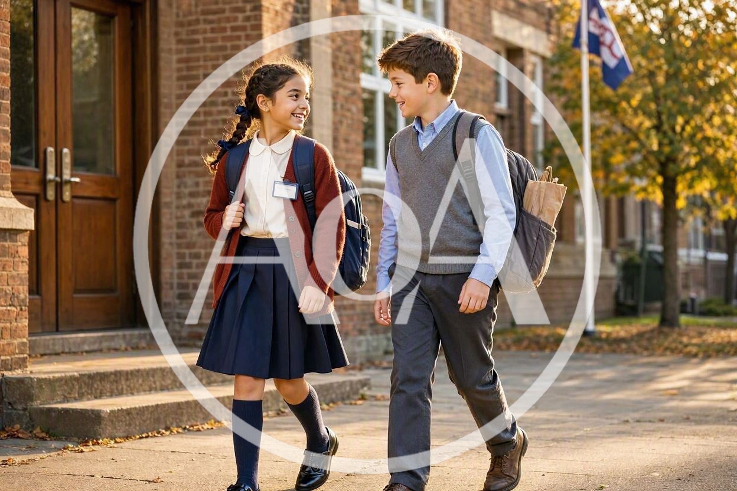 Two School Children Walking Together Outside School Building