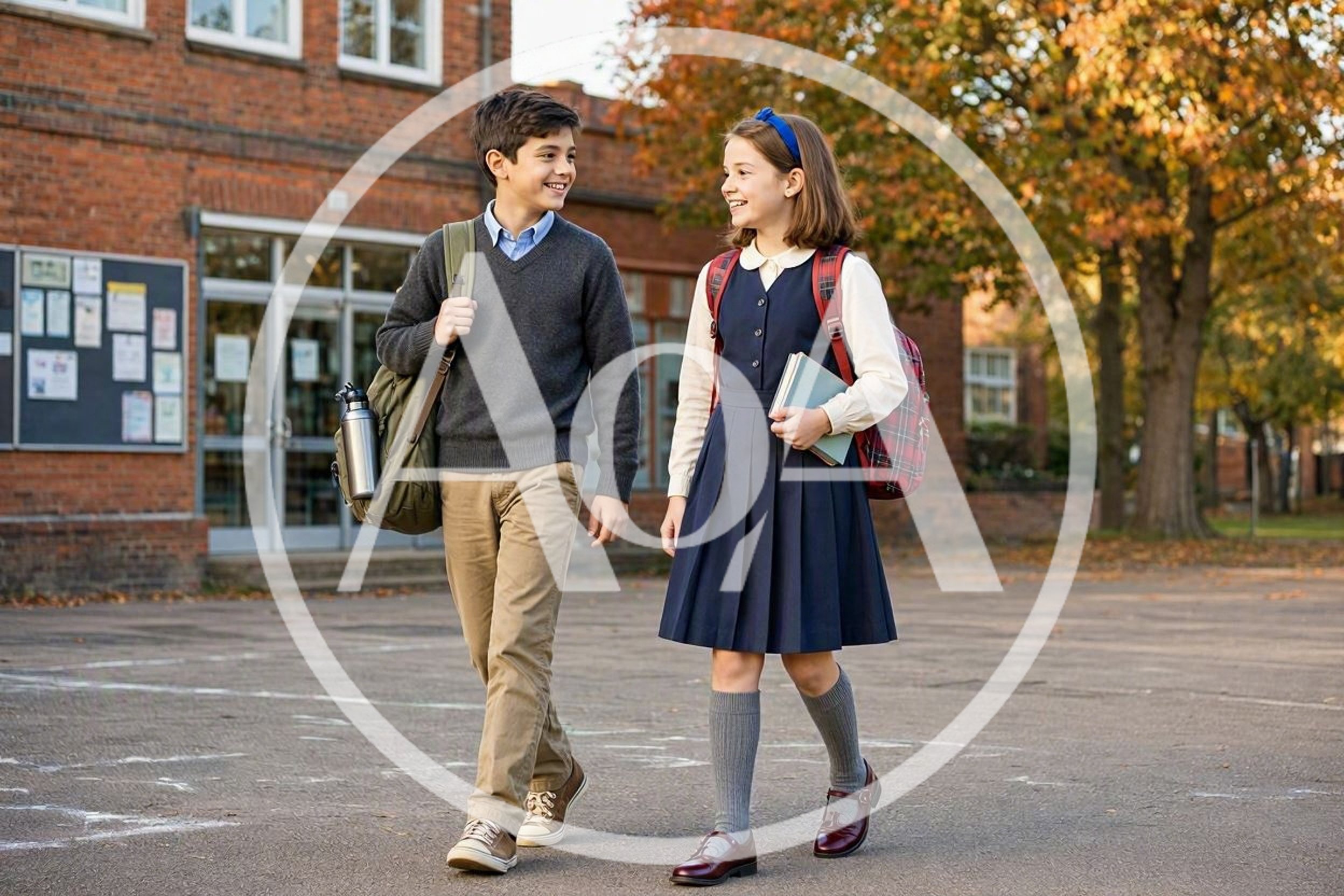 School Children Walking Together Outside School Building