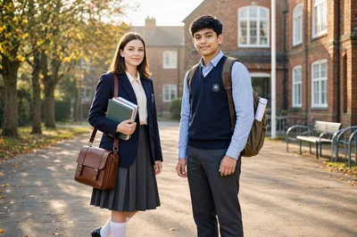 Two Students Standing Together Outside School Building
