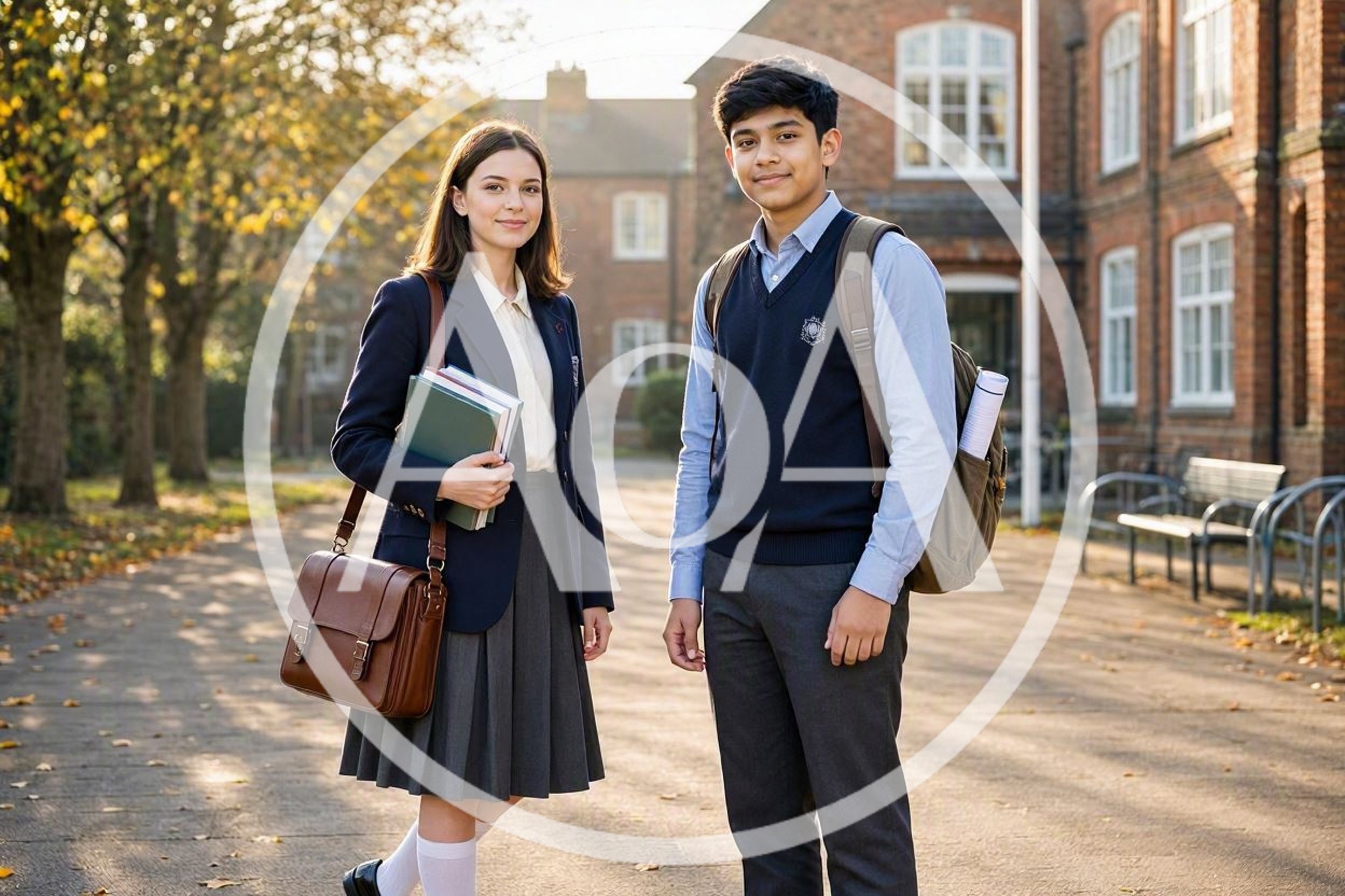 Two Students Standing Together Outside School Building
