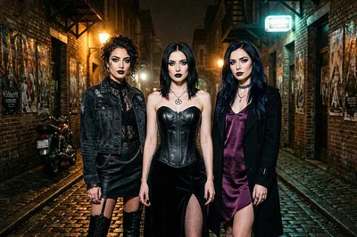 Three Gothic Women Standing In A Dark Alleyway