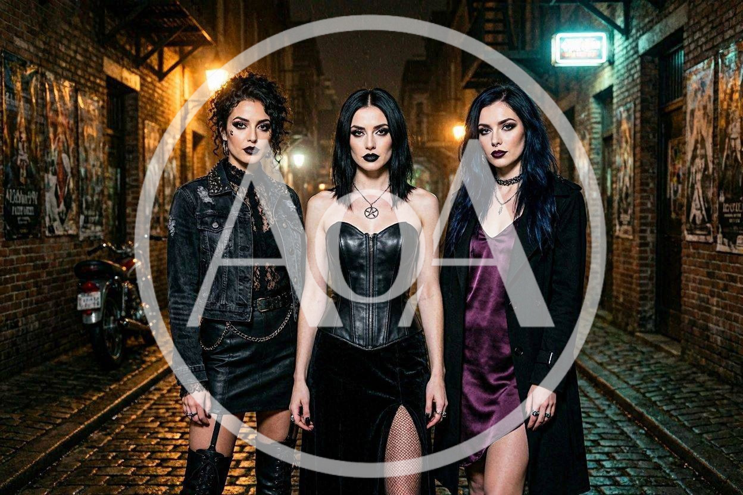 Three Gothic Women Standing In A Dark Alleyway