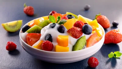 Fresh Fruit Salad Bowl With Yogurt And Mint