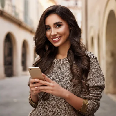 Young Woman Using Smartphone In European City Street