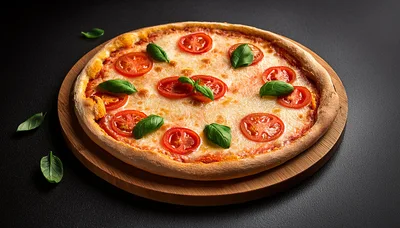 Fresh Margherita Pizza On A Wooden Serving Board
