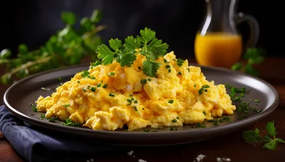 Plate Of Fluffy Scrambled Eggs With Fresh Herbs