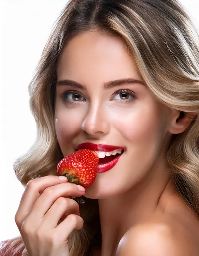 Beautiful Woman Holding A Fresh Strawberry To Her Lips