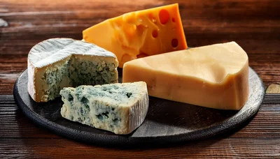 Assorted Cheese Varieties on a Wooden Serving Board