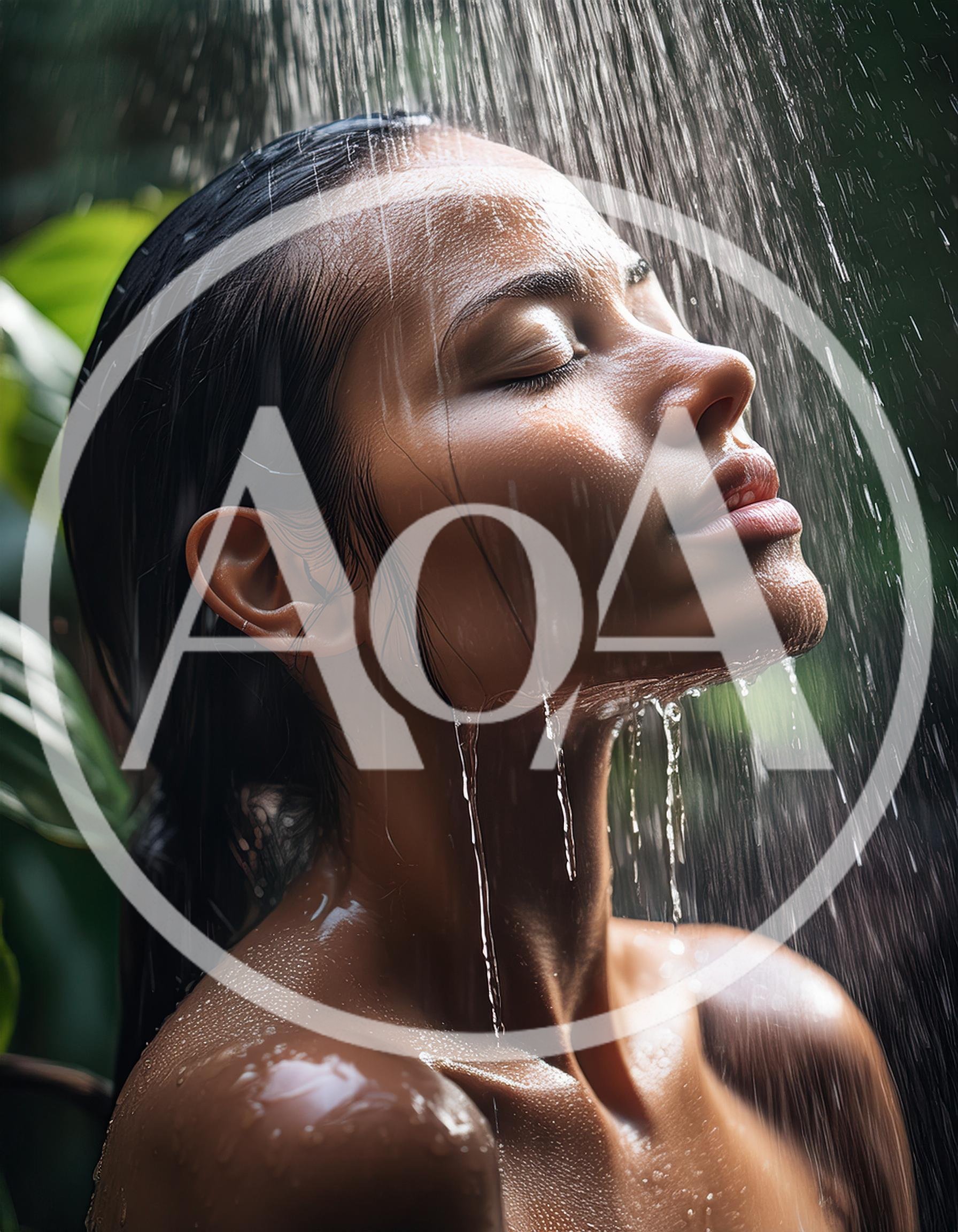 Woman Enjoying Refreshing Outdoor Shower In Tropical Setting