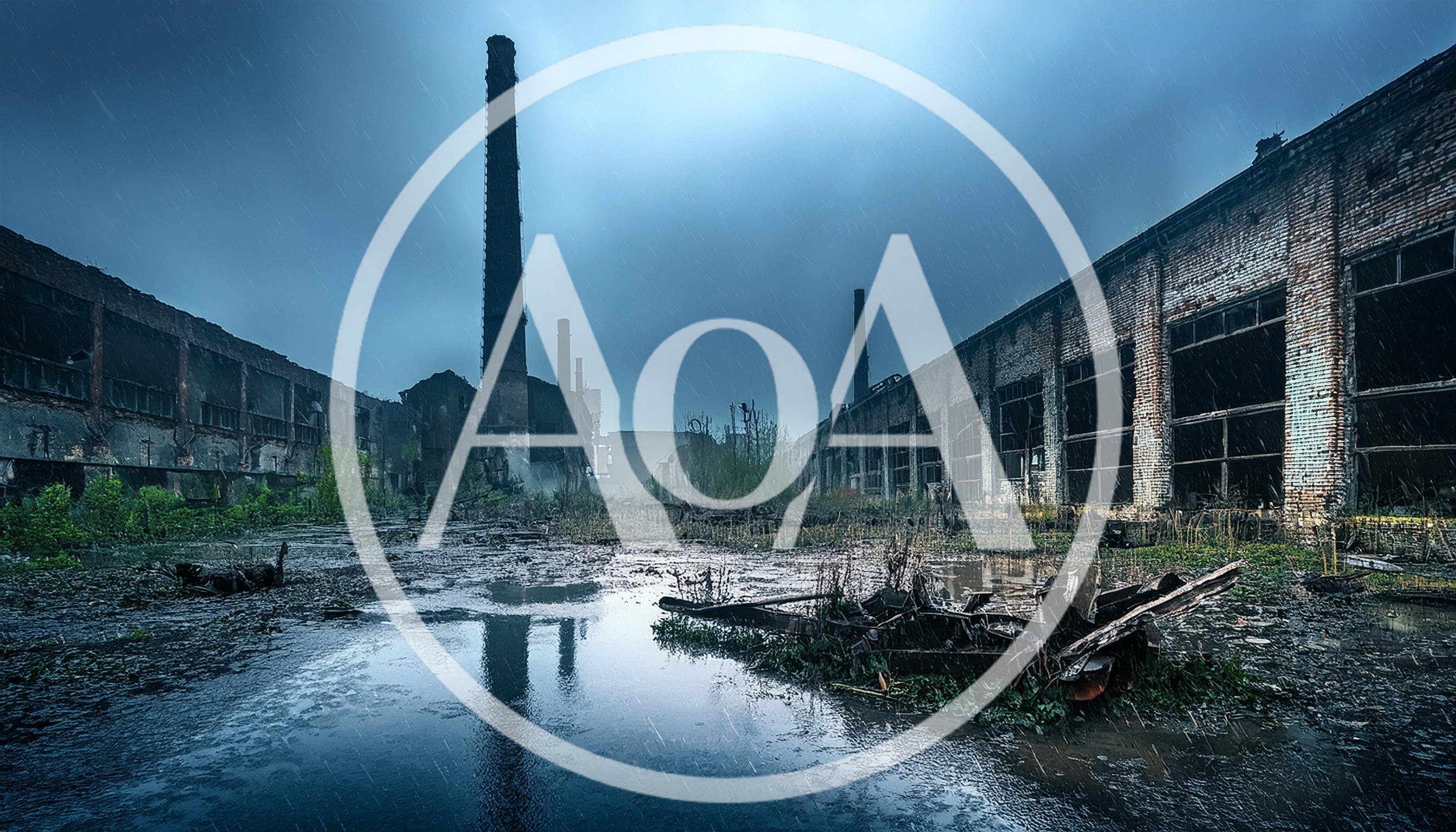 Abandoned Industrial Factory Ruins Under Rainy Sky