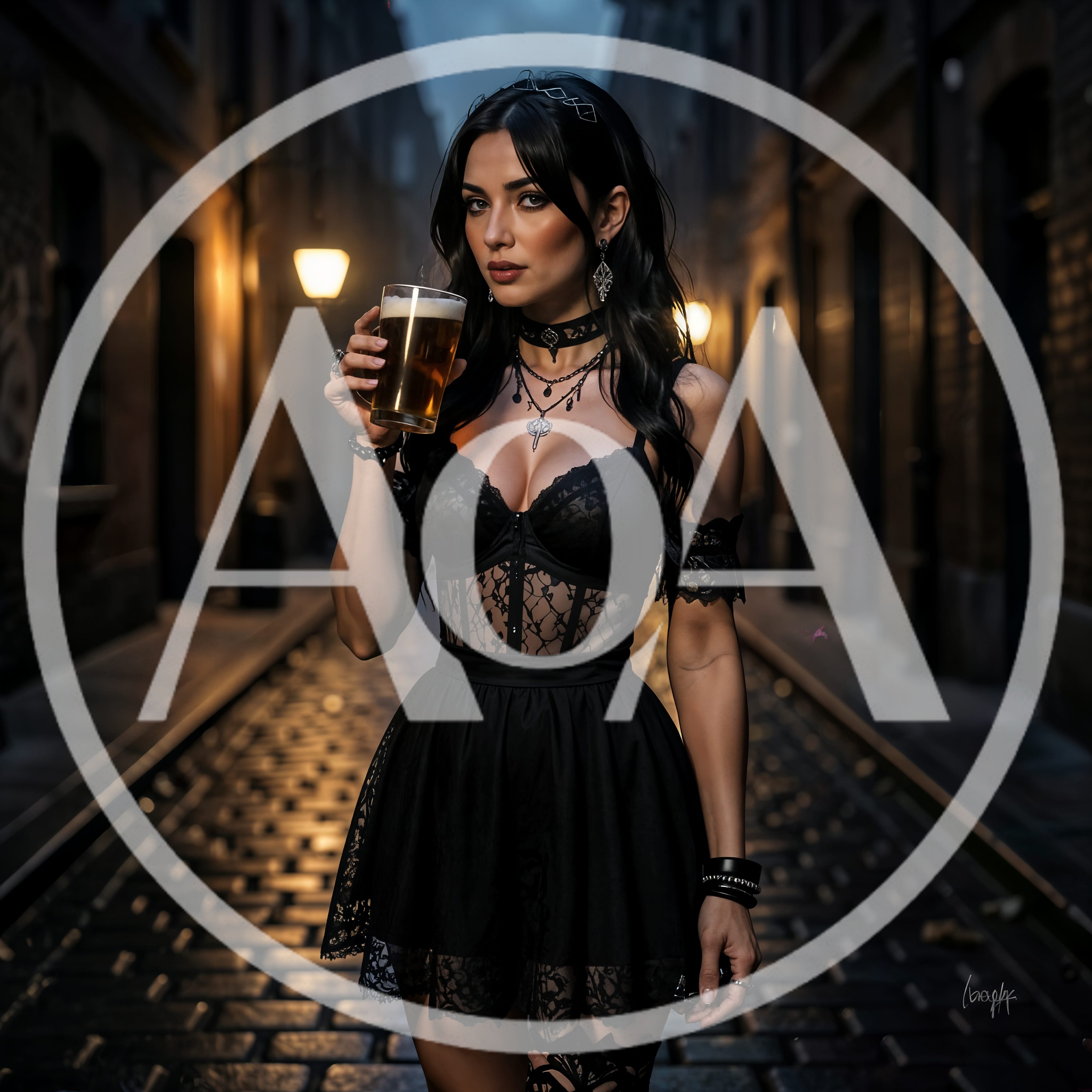 Gothic Woman Holding Beer Glass In Cobblestone Alley