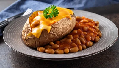 Baked Potato With Melted Cheese And Baked Beans