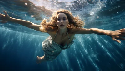 Woman Swimming Underwater In A Flowing Dress