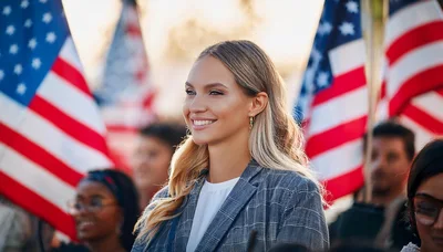 Smiling Young Woman Standing Before American Flags