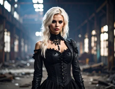Gothic Woman With Blonde Hair In Abandoned Industrial Warehouse