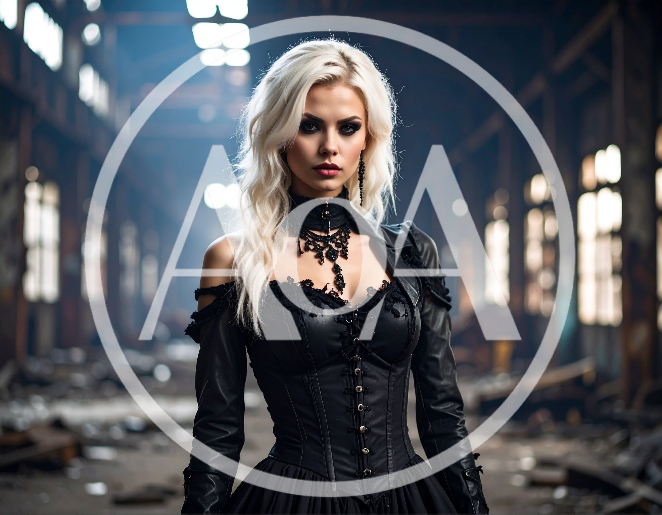 Gothic Woman With Blonde Hair In Abandoned Industrial Warehouse