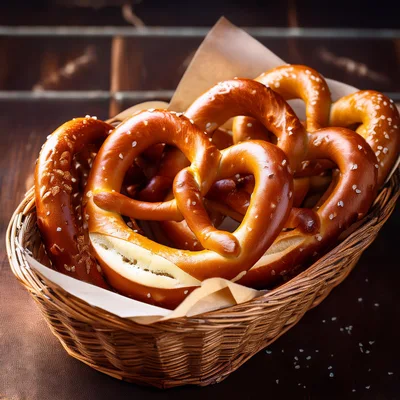 Freshly Baked Soft Pretzels In A Wicker Basket