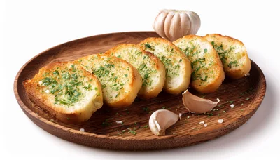 Garlic Bread Slices on a Wooden Plate