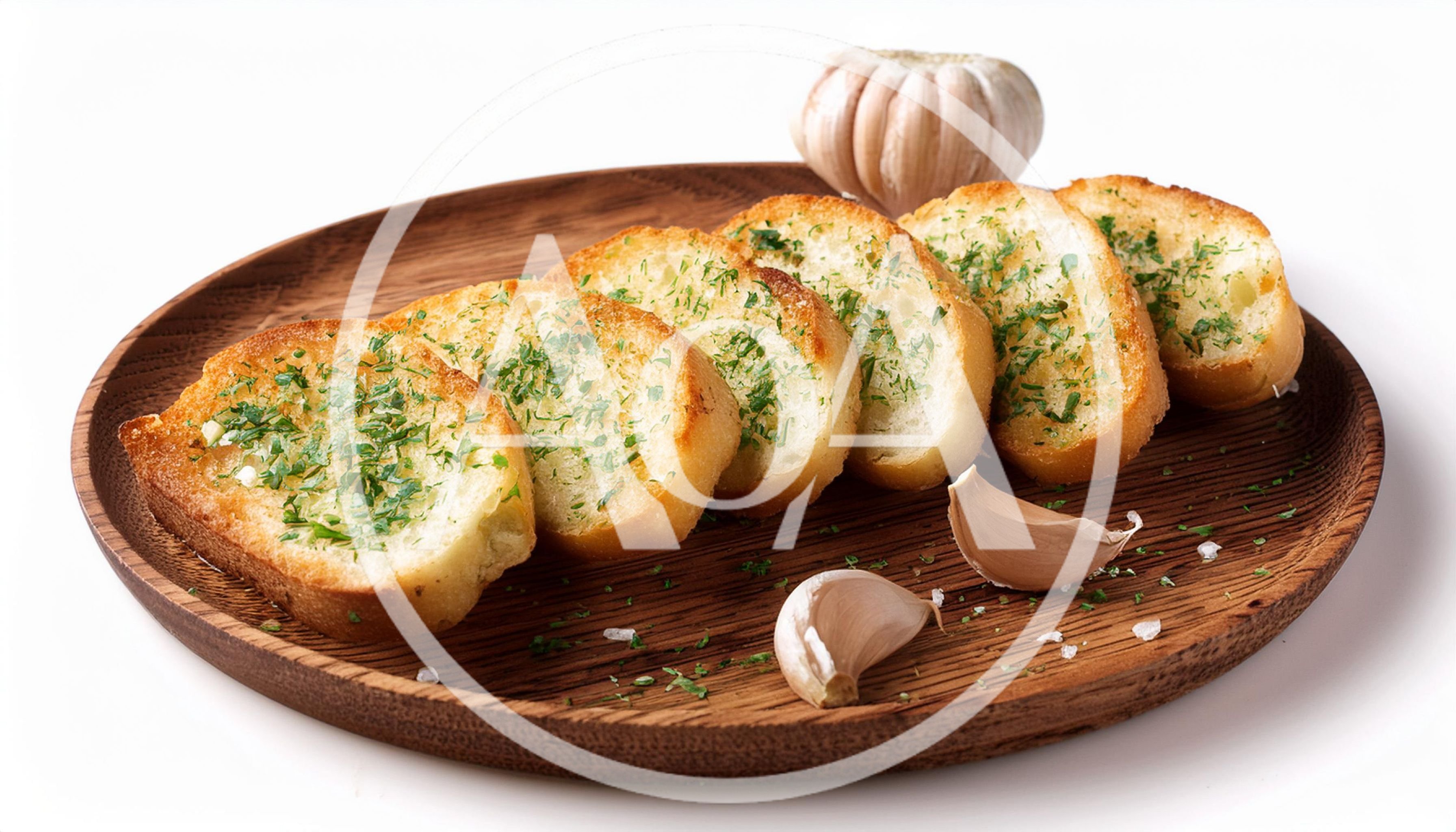 Garlic Bread Slices on a Wooden Plate