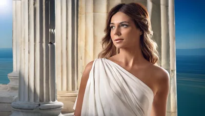 Woman In Greek Goddess Costume Standing By Marble Columns