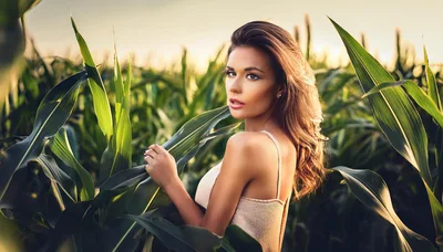 Beautiful Woman Posing In A Lush Green Cornfield