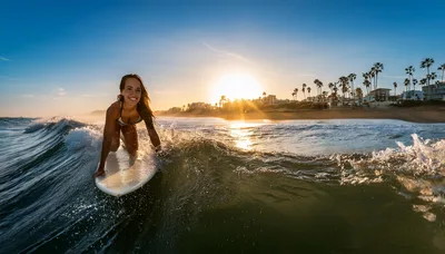 Young Woman Surfing On A Wave At Sunset