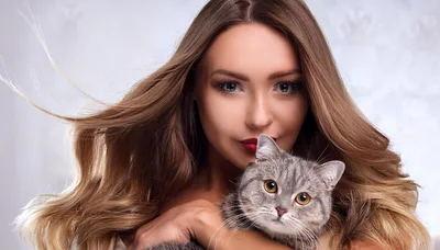 Beautiful Woman Holding A Cute Grey Tabby Cat