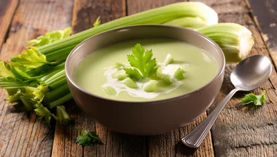 Bowl Of Creamy Celery Soup On Rustic Wooden Table