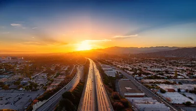 Aerial View Of Los Angeles Freeway At Sunset