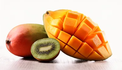 Fresh Mango and Kiwi Fruit on Wooden Surface