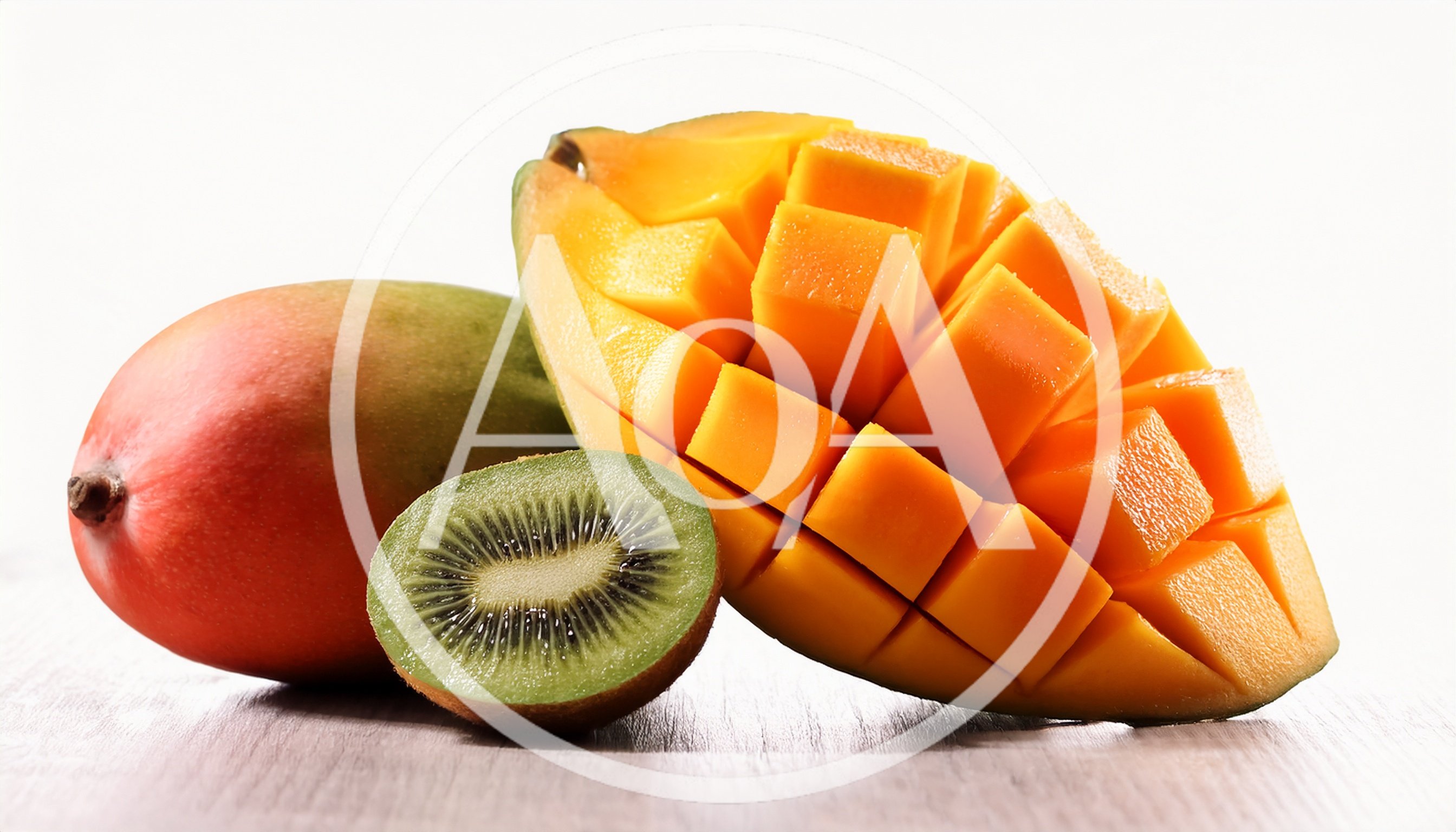 Fresh Mango and Kiwi Fruit on Wooden Surface