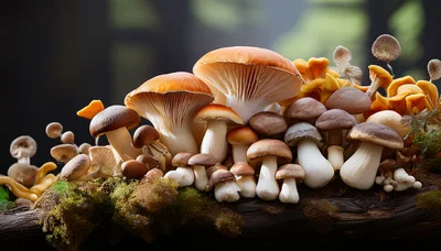 Cluster Of Wild Mushrooms Growing On Mossy Log