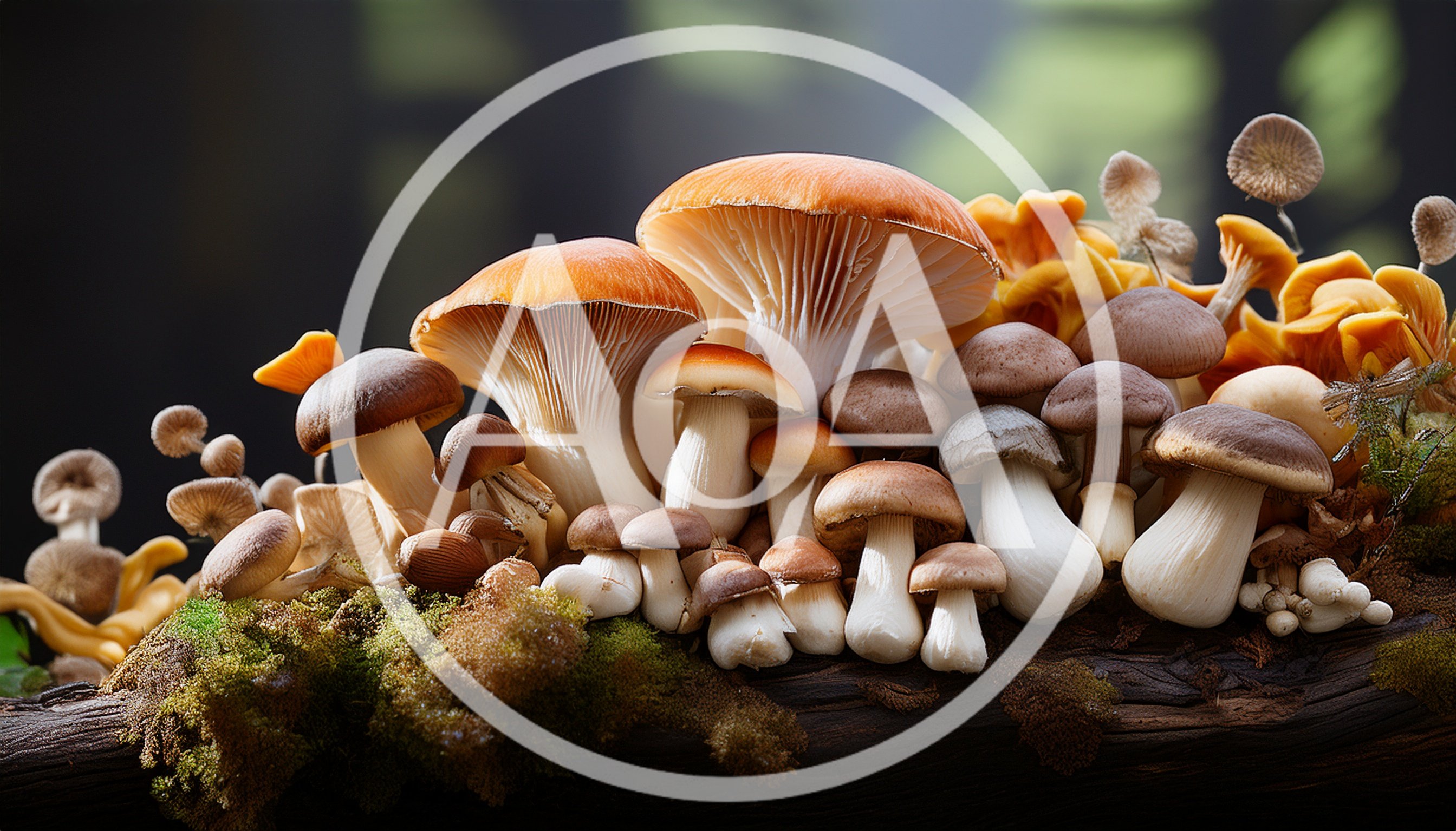 Cluster Of Wild Mushrooms Growing On Mossy Log