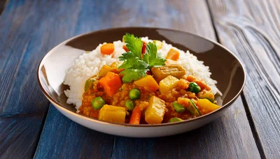 Vegetable Curry With Steamed Rice In A Bowl