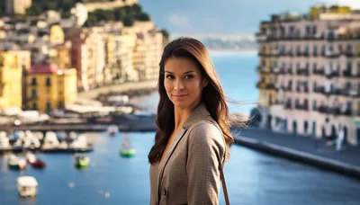 Portrait Of A Young Woman Overlooking A Coastal Town