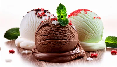 Three Scoops Of Gourmet Ice Cream With Mint Garnish
